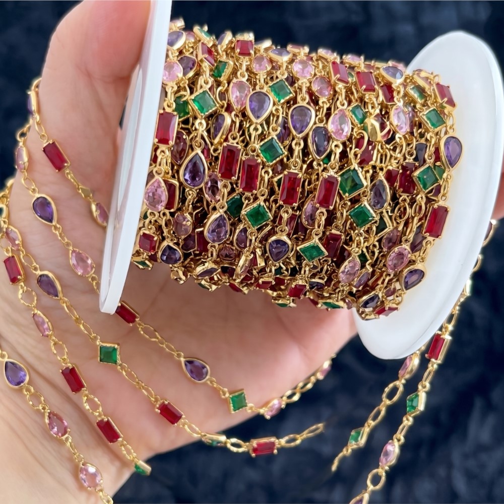 Pearl Trim Chain - 1 metre Karışık Renkli Dikdörtgen Rhinestone